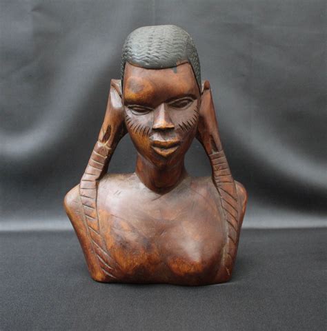 Large Vintage African Wood Carved Bust Africa Tribal Art Decor Woman Statue African Carved