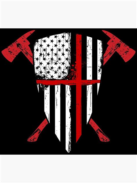 Red Line Crusader Usa Flag Shield Crossed Fireman Axes Poster By Peaktee Redbubble