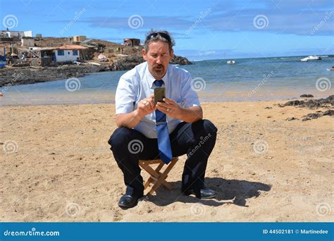 Business Man In Suit On The Beach Calling By Mobil Stock Image Image