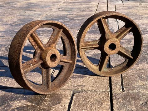 Pair Of Small Antique Cast Iron Wheels As Found Industrial Steampunk