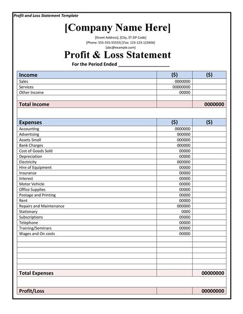 Profit And Loss Free Printable Form Printable Forms Free Online