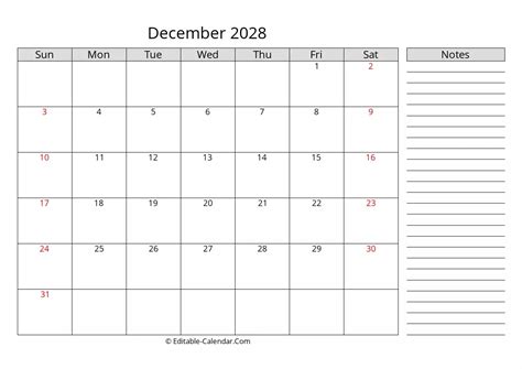 Download December 2028 Calendar With Notes Weeks Start On Sunday