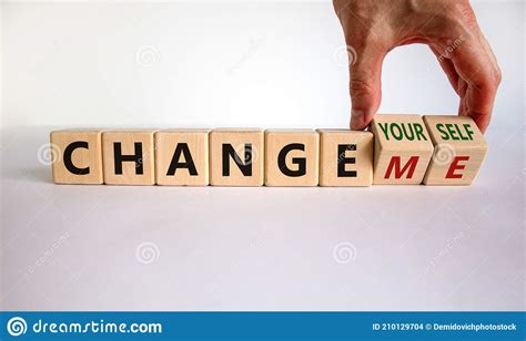 Change Yourself Or Me Symbol Businessman Turns Wooden Cubes And