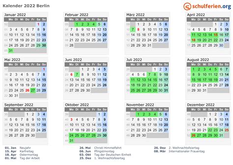 Kalender 2022 Ferien Berlin Feiertage