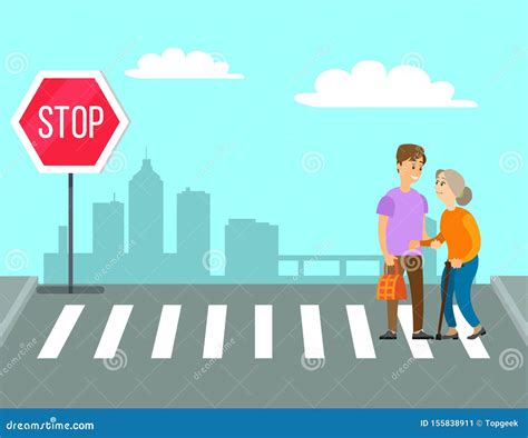 Helping Old Man On Pedestrian Crossing Royalty Free Illustration