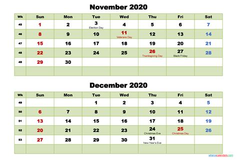 November And December 2020 Calendar With Holidays Free Printable 2020