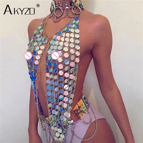 Akyzo Sexy Metal Chain Bling Sequins Crop Tops Women Summer Hollow Out Halter Cropped Sparkly