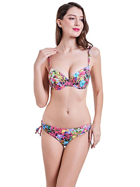 Dodoing Women S Retro Bikini Swimsuit Set Bandeau Bikini Floral Print Tie Side Bottom Two