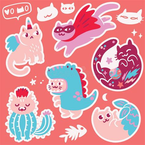 Sticker Set Of Cute Different Hand Drawn Kawaii Cats Mermaid Unicorn