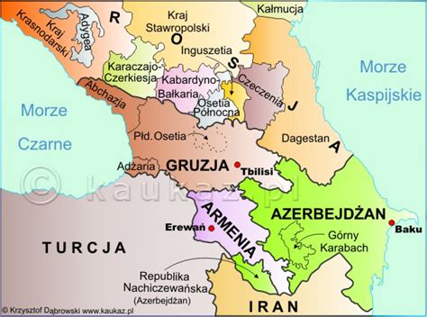 Polityczna Mapa Kaukazu - państwa, regiony, republiki autonomiczne