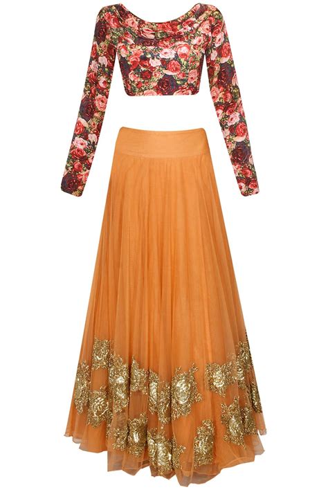 Peach Rose Embroiderd Lehenga With Black Rose Printed Blouse And