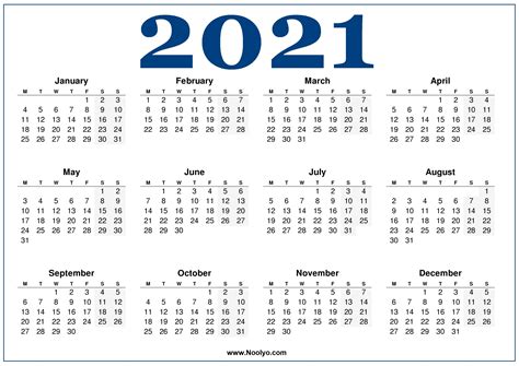 Monday Week Start Calendar 2021 Blue