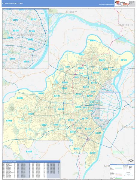 St Louis County Mo Zip Code Wall Map Basic Style By Marketmaps