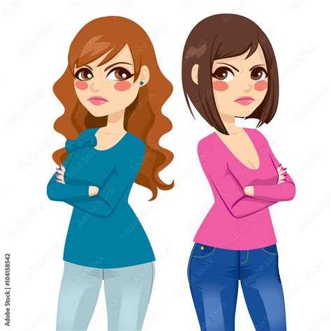 Two Beautiful Women Friends Standing Turning Their Back Angry Looking