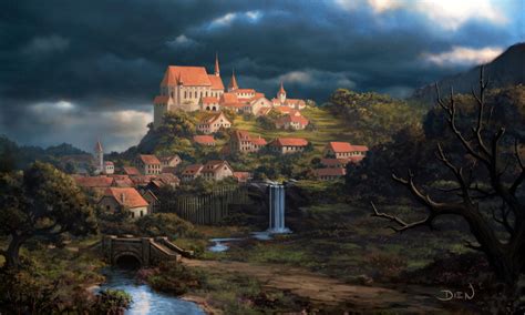 Hillside Town By Chris Dien On Artstation Fantasy Landscape Fantasy