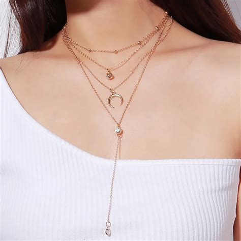 Sex Multilayer Beads Choker Crystal Ox Horn Pendant Necklace Clavicle Chain For Women Long Metal