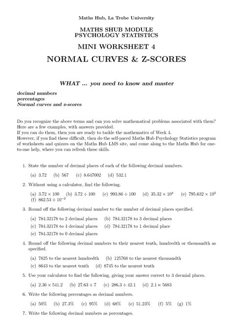 Mhm Psych Stats 4 Normal Curves Z Zcores Mini Worksheet Maths Hub