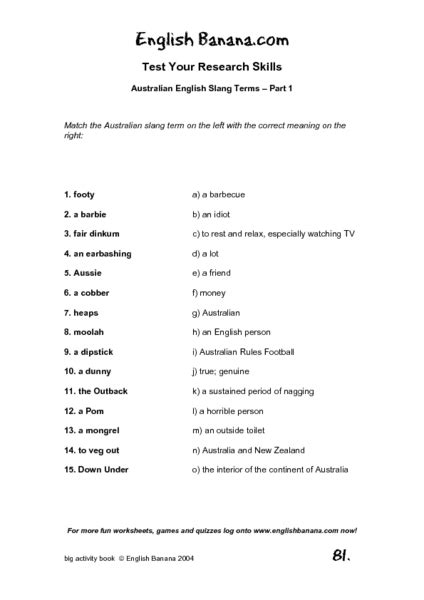 Australian English Slang Terms Part 1 Lesson Plan For 5th Higher Ed