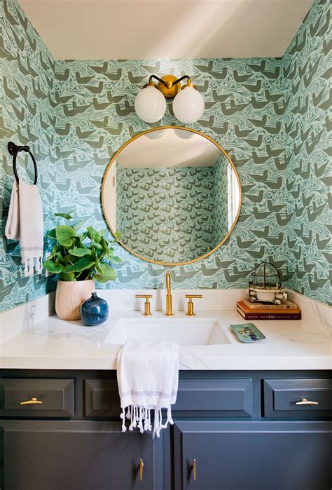 Kate Lester Interiors Brass Powder Room With Bird