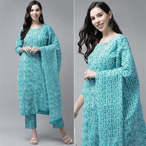 Turquoise Printed Pure Cotton Kurti Pant Set With Dupatta