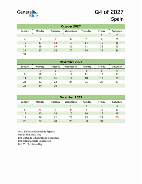 Q4 2027 Quarterly Calendar With Spain Holidays Pdf Excel Word