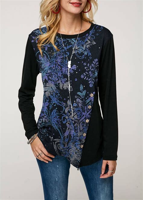 Long Sleeve Button Detail Printed T Shirt Trendy Tops Womens Trendy
