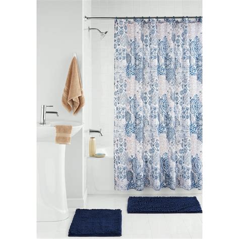 Mainstays Bode Damask Polyester Shower Curtain Bath Set Whiteblue 15