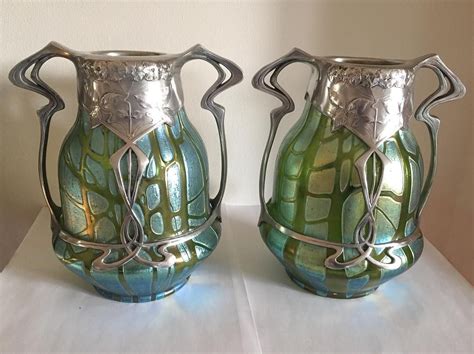 Pair Of Art Nouveau Pewter Mounted Iridescent Glass Vase By Loetz In Crete Pampas Decor Austria