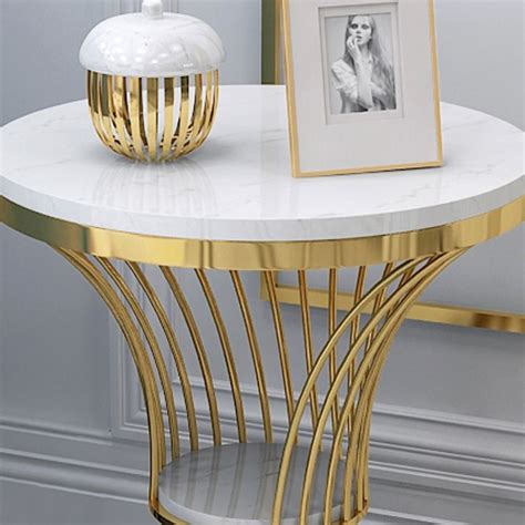 White Round Faux Marble Side Table Spiral Shaped End Table In Gold