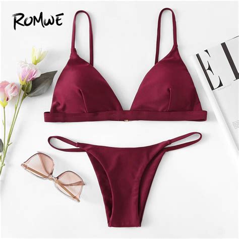 Romwe Sport High Leg Triangle Bikini Set 2018 New Arrivals Burgundy