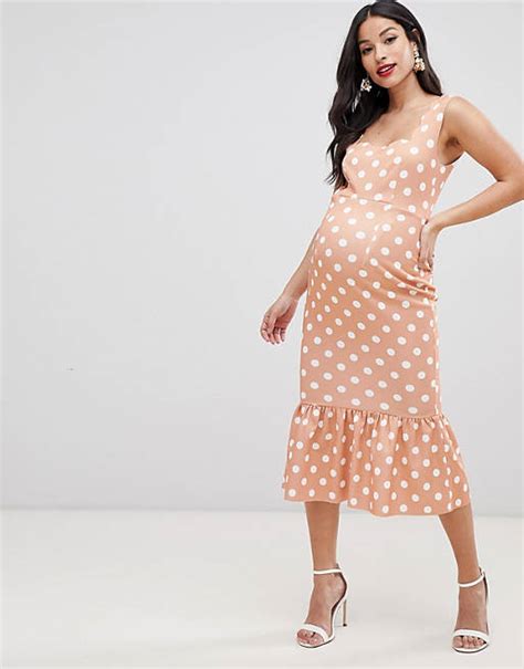 Asos Design Maternity Polka Dot Scallop Bodycon Midi Dress Asos