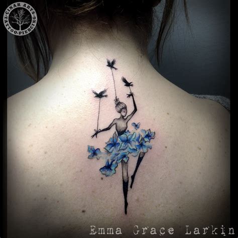 Watercolor Ballerina Tattoo With Birds And Blue Flower Butterfly Skirt