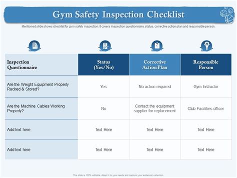Gym Safety Inspection Checklist No Action Ppt Powerpoint Presentation Show Designs Download