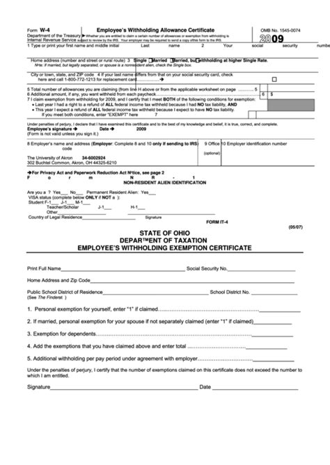 Present 1 document (primary or secondary) to verify your: Form W-4 - Employee'S Withholding Allowance Certificate - 2009, Ohio Form It-4 - Employee'S ...