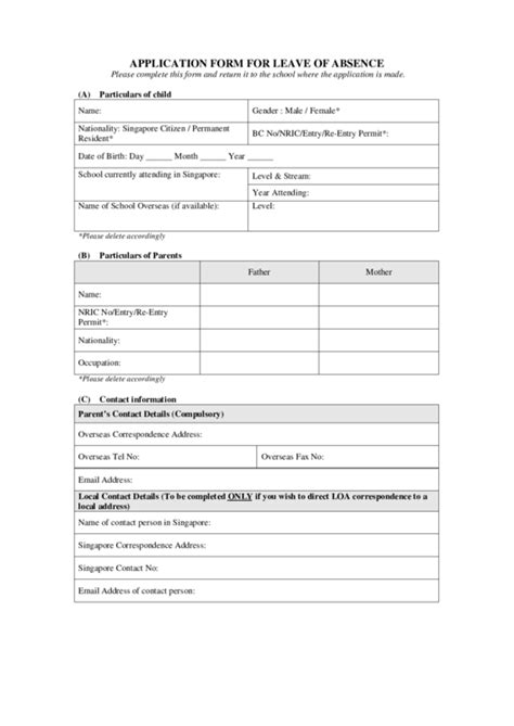 The primary things to be mentioned in an application to the principal are: Application Form For Leave Of Absence printable pdf download