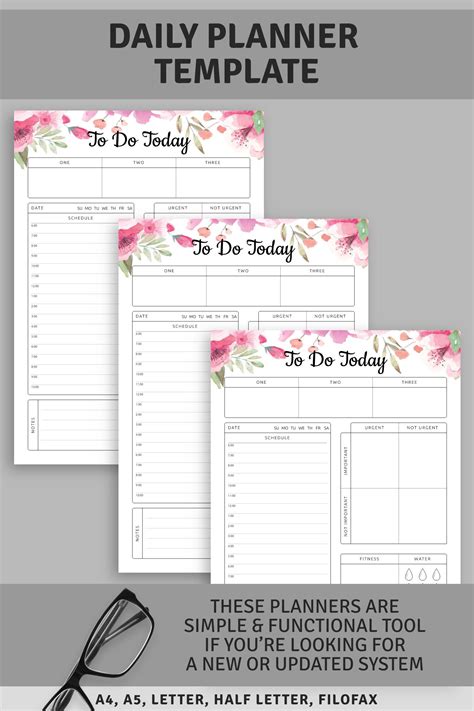 Three Daily Planner Templates With Pink Flowers On Them
