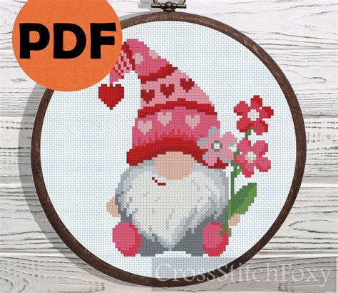 small valentine gnome with flowers cross stitch pattern pdf valentine