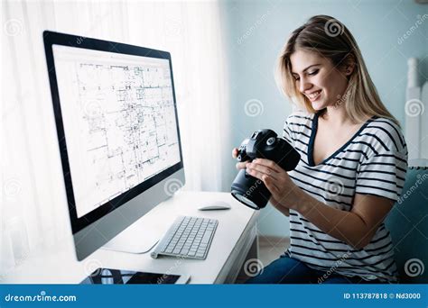Young Designer Working On Project At Home Stock Photo Image Of Casual