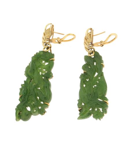 handcraft jade 14 karat yellow gold drop earrings for sale at 1stdibs