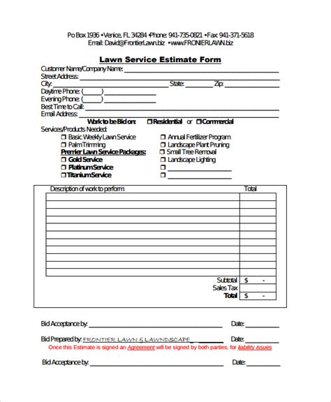 Lawn Care Estimate Form Free Download Aashe