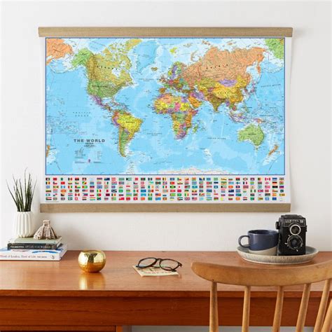 Large World Wall Map Political With Flags Wooden Hanging Bars Sexiz Pix