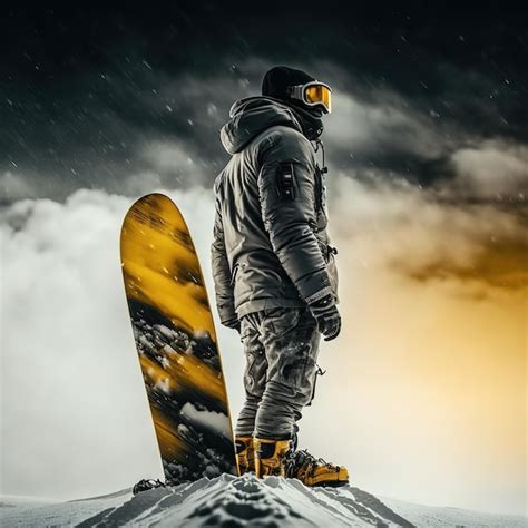 Premium Ai Image A Man Standing On A Snowy Hill With A Snowboard On