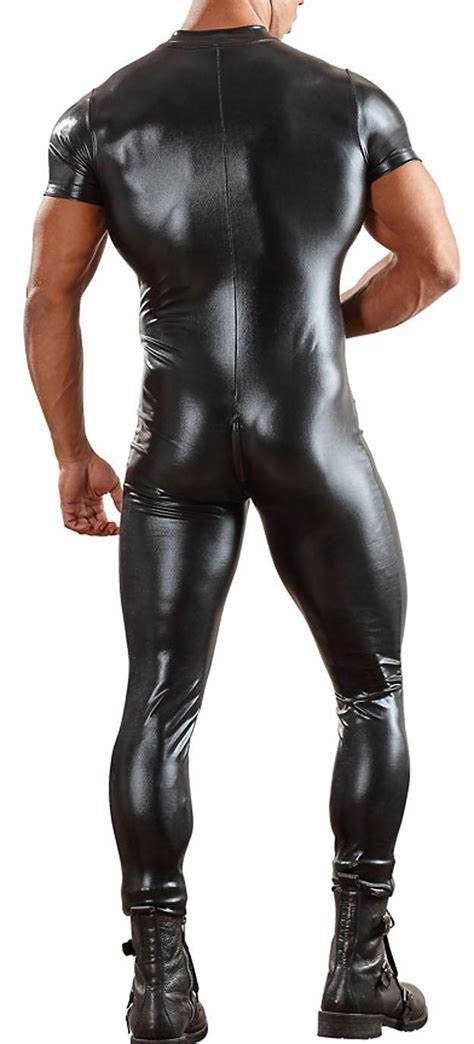 Pu Leather Men Bodysuit Zipper Open Crotch Faux Latex Male Erotic