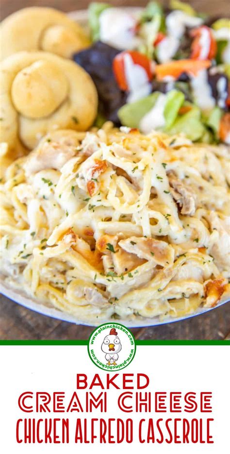 Instructions combine the softened cream cheese, sour cream, garlic, salt, pepper, and 1/2 cup of the parmesan cheese and mix well. Baked Cream Cheese Chicken Alfredo - Plain Chicken in 2020 ...