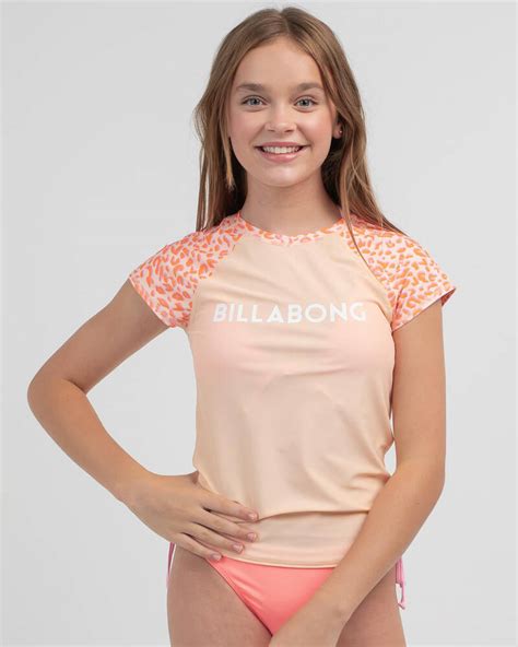 Shop Billabong Girls Chase The Wild Short Sleeve Rash Vest In Melon Fast Shipping And Easy