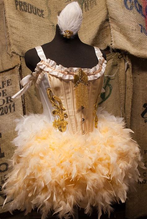 Olympian Great Gatsby Dress Gold Burlesque Showgirl Corset Costume White Feather Skirt Great