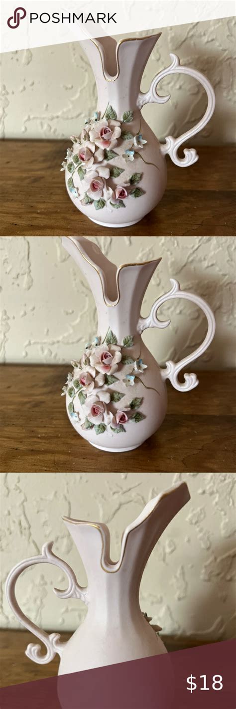 Vintage Lefton Pink Vase Pitcher With Raised Flowers Pink Vase Pink