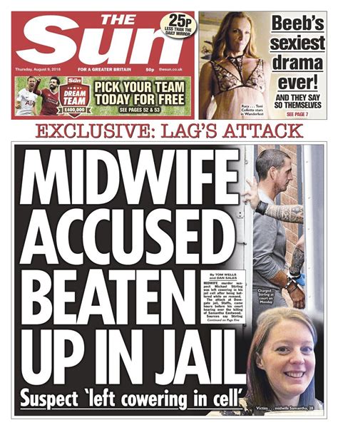Sun Front Page Newspaper Today’s Frontpage Thursday 9th August 2018 Uk Newspaper Giornale