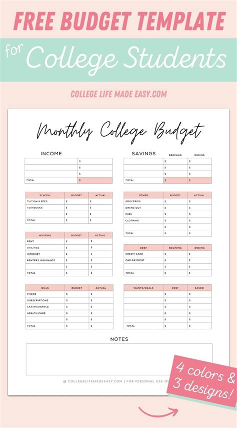 Simple Budget Template For College Students Free Pdf College Budget