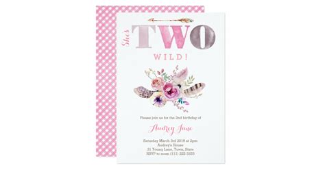 Bohemian Shes Two Wild 2nd Birthday Party Girl Invitation